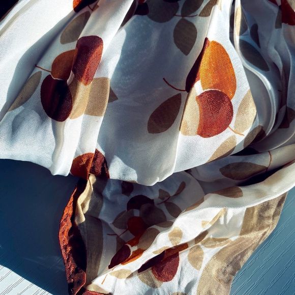 Set of 2 Large Versatile Square Silky Scarves w/ Warm Fall Colors, Brown/Ivory - Picture 2 of 6
